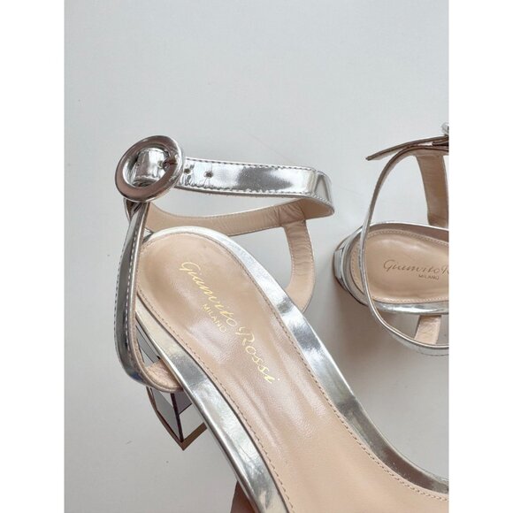 GIANVITO ROSSI Silver Leather Mirrored Block Heel Wraparound Sandals, Size 40 - Picture 3 of 13